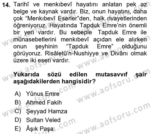 Türk Halk Şiiri Dersi 2023 - 2024 Yılı (Vize) Ara Sınav Soruları 14. Soru