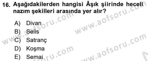 Türk Halk Şiiri Dersi Ara Sınavı Deneme Sınav Soruları 16. Soru