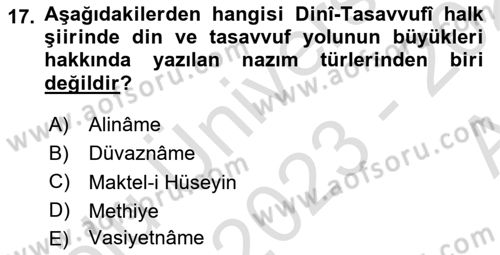 Türk Halk Şiiri Dersi Ara Sınavı Deneme Sınav Soruları 17. Soru
