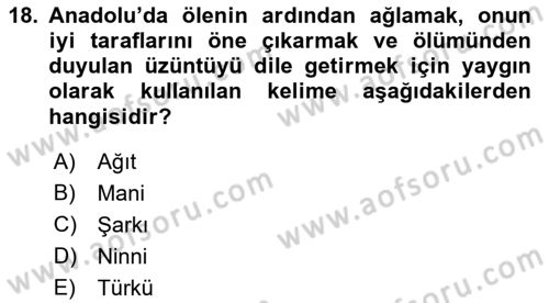 Türk Halk Şiiri Dersi Ara Sınavı Deneme Sınav Soruları 18. Soru