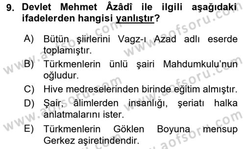 Türk Halk Şiiri Dersi Ara Sınavı Deneme Sınav Soruları 9. Soru