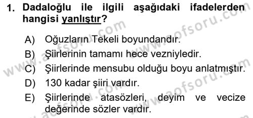 Türk Halk Şiiri Dersi 2023 - 2024 Yılı (Final) Dönem Sonu Sınav Soruları 1. Soru