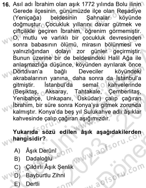 Türk Halk Şiiri Dersi 2023 - 2024 Yılı (Final) Dönem Sonu Sınav Soruları 16. Soru