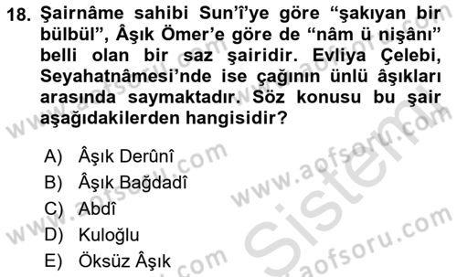 Türk Halk Şiiri Dersi 2023 - 2024 Yılı (Final) Dönem Sonu Sınav Soruları 18. Soru