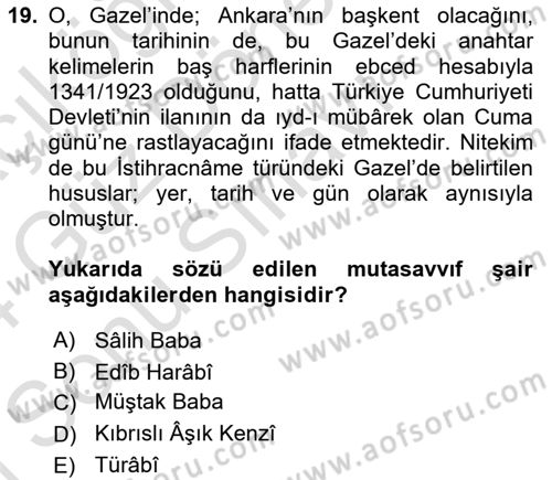 Türk Halk Şiiri Dersi 2023 - 2024 Yılı (Final) Dönem Sonu Sınav Soruları 19. Soru