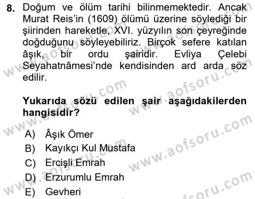Türk Halk Şiiri Dersi 2023 - 2024 Yılı (Final) Dönem Sonu Sınav Soruları 8. Soru