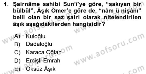Türk Halk Şiiri Dersi 2023 - 2024 Yılı Yaz Okulu Sınav Soruları 1. Soru