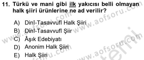 Türk Halk Şiiri Dersi 2023 - 2024 Yılı Yaz Okulu Sınav Soruları 11. Soru