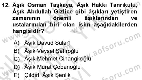 Türk Halk Şiiri Dersi 2023 - 2024 Yılı Yaz Okulu Sınav Soruları 12. Soru