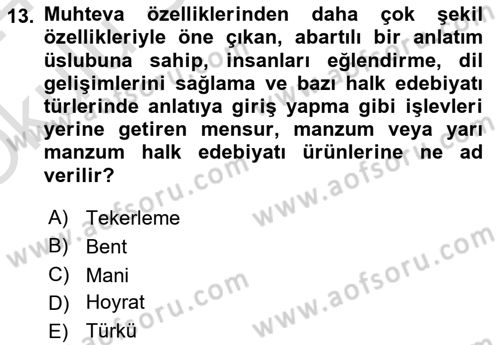 Türk Halk Şiiri Dersi 2023 - 2024 Yılı Yaz Okulu Sınav Soruları 13. Soru