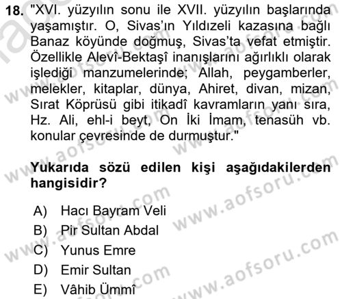 Türk Halk Şiiri Dersi 2023 - 2024 Yılı Yaz Okulu Sınav Soruları 18. Soru