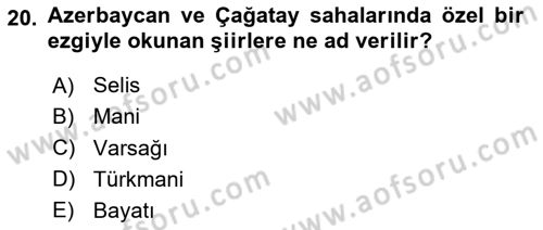 Türk Halk Şiiri Dersi 2023 - 2024 Yılı Yaz Okulu Sınav Soruları 20. Soru