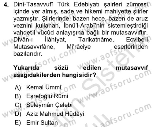 Türk Halk Şiiri Dersi 2023 - 2024 Yılı Yaz Okulu Sınav Soruları 4. Soru