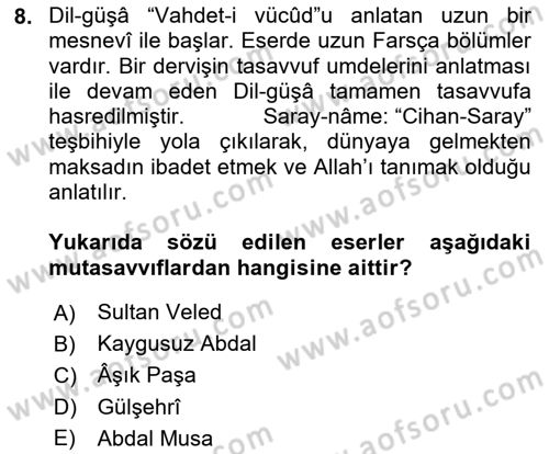 Türk Halk Şiiri Dersi 2023 - 2024 Yılı Yaz Okulu Sınav Soruları 8. Soru