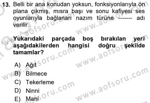 Türk Halk Şiiri Dersi Ara Sınavı Deneme Sınav Soruları 13. Soru