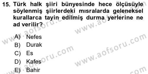Türk Halk Şiiri Dersi Ara Sınavı Deneme Sınav Soruları 15. Soru