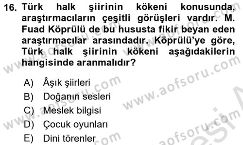 Türk Halk Şiiri Dersi Ara Sınavı Deneme Sınav Soruları 16. Soru
