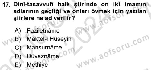 Türk Halk Şiiri Dersi Ara Sınavı Deneme Sınav Soruları 17. Soru