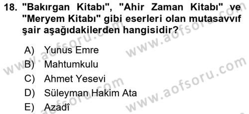 Türk Halk Şiiri Dersi Ara Sınavı Deneme Sınav Soruları 18. Soru