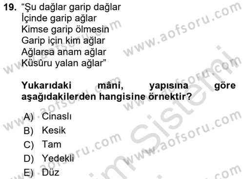 Türk Halk Şiiri Dersi 2024 - 2025 Yılı (Vize) Ara Sınav Soruları 19. Soru
