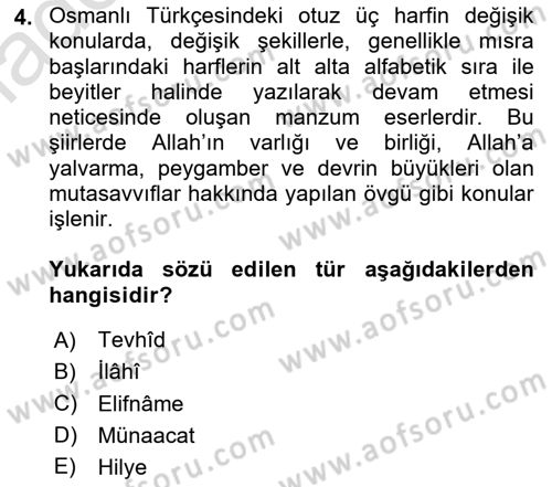 Türk Halk Şiiri Dersi Ara Sınavı Deneme Sınav Soruları 4. Soru