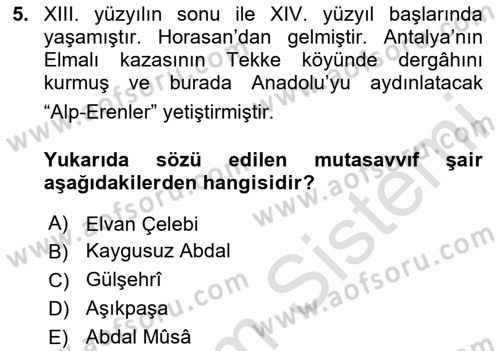 Türk Halk Şiiri Dersi Ara Sınavı Deneme Sınav Soruları 5. Soru