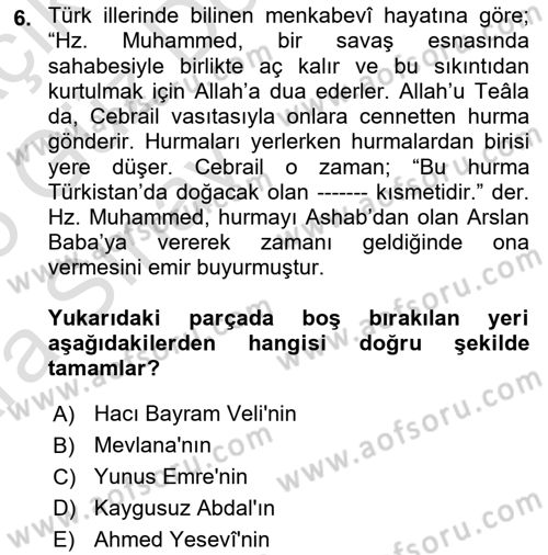 Türk Halk Şiiri Dersi Ara Sınavı Deneme Sınav Soruları 6. Soru