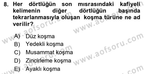 Türk Halk Şiiri Dersi 2024 - 2025 Yılı (Vize) Ara Sınav Soruları 8. Soru