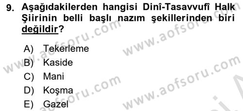 Türk Halk Şiiri Dersi Ara Sınavı Deneme Sınav Soruları 9. Soru