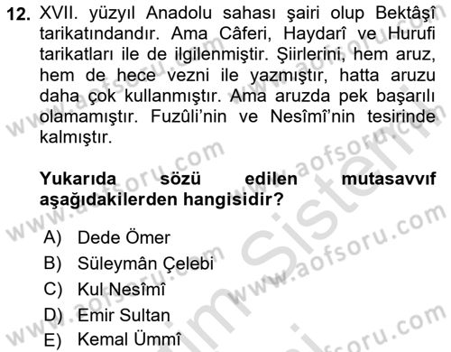 Türk Halk Şiiri Dersi 2024 - 2025 Yılı (Final) Dönem Sonu Sınav Soruları 12. Soru