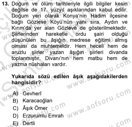 Türk Halk Şiiri Dersi 2024 - 2025 Yılı (Final) Dönem Sonu Sınav Soruları 13. Soru
