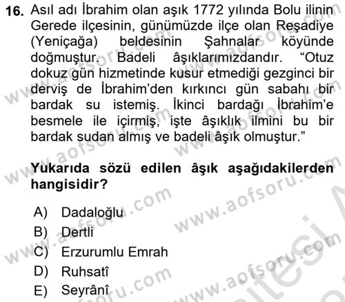 Türk Halk Şiiri Dersi 2024 - 2025 Yılı (Final) Dönem Sonu Sınav Soruları 16. Soru
