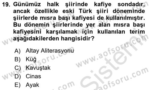 Türk Halk Şiiri Dersi 2024 - 2025 Yılı (Final) Dönem Sonu Sınav Soruları 19. Soru