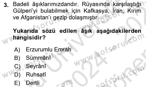 Türk Halk Şiiri Dersi 2024 - 2025 Yılı (Final) Dönem Sonu Sınav Soruları 3. Soru