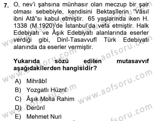 Türk Halk Şiiri Dersi 2024 - 2025 Yılı (Final) Dönem Sonu Sınav Soruları 7. Soru
