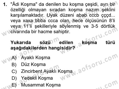 Türk Halk Şiiri Dersi 2024 - 2025 Yılı Yaz Okulu Sınav Soruları 1. Soru