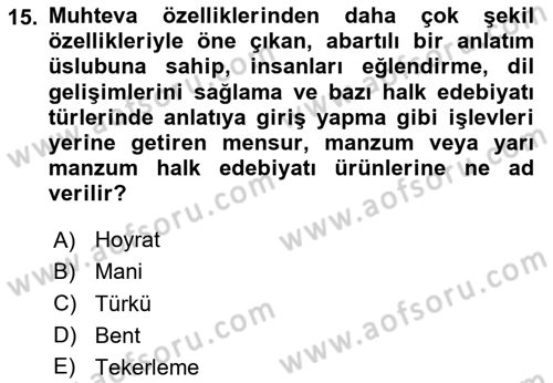 Türk Halk Şiiri Dersi 2024 - 2025 Yılı Yaz Okulu Sınav Soruları 15. Soru