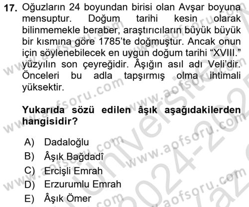 Türk Halk Şiiri Dersi 2024 - 2025 Yılı Yaz Okulu Sınav Soruları 17. Soru