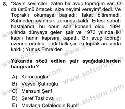 Türk Halk Şiiri Dersi 2024 - 2025 Yılı Yaz Okulu Sınav Soruları 8. Soru