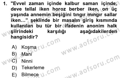 Türk Halk Şiiri Dersi 2025 - 2026 Yılı (Vize) Ara Sınav Soruları 1. Soru