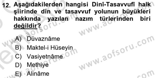Türk Halk Şiiri Dersi 2025 - 2026 Yılı (Vize) Ara Sınav Soruları 12. Soru