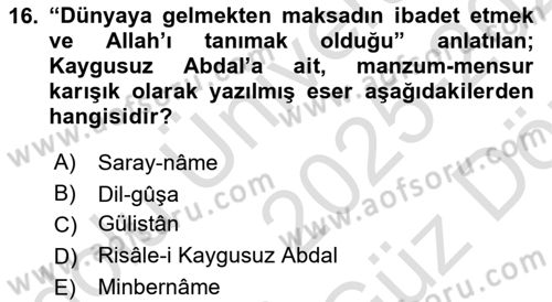 Türk Halk Şiiri Dersi 2025 - 2026 Yılı (Vize) Ara Sınav Soruları 16. Soru