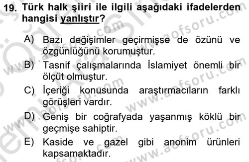 Türk Halk Şiiri Dersi 2025 - 2026 Yılı (Vize) Ara Sınav Soruları 19. Soru