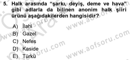 Türk Halk Şiiri Dersi 2025 - 2026 Yılı (Vize) Ara Sınav Soruları 5. Soru