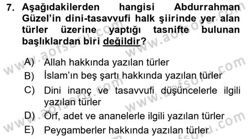 Türk Halk Şiiri Dersi 2025 - 2026 Yılı (Vize) Ara Sınav Soruları 7. Soru