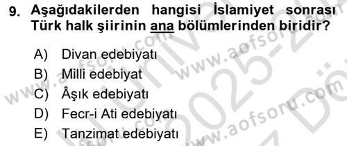 Türk Halk Şiiri Dersi 2025 - 2026 Yılı (Vize) Ara Sınav Soruları 9. Soru