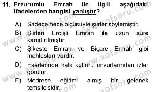 Türk Halk Şiiri Dersi 2025 - 2026 Yılı (Final) Dönem Sonu Sınav Soruları 11. Soru