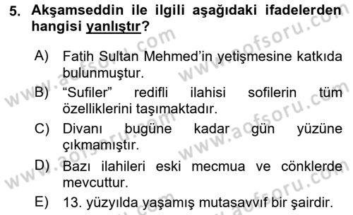 Türk Halk Şiiri Dersi 2025 - 2026 Yılı (Final) Dönem Sonu Sınav Soruları 5. Soru