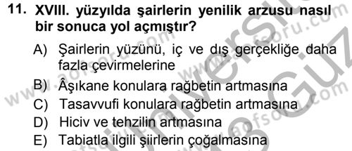 XVIII. Yüzyıl Türk Edebiyatı Dersi 2012 - 2013 Yılı (Vize) Ara Sınav Soruları 11. Soru