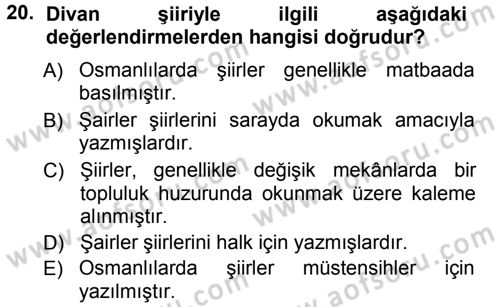 XVIII. Yüzyıl Türk Edebiyatı Dersi 2012 - 2013 Yılı (Vize) Ara Sınav Soruları 20. Soru